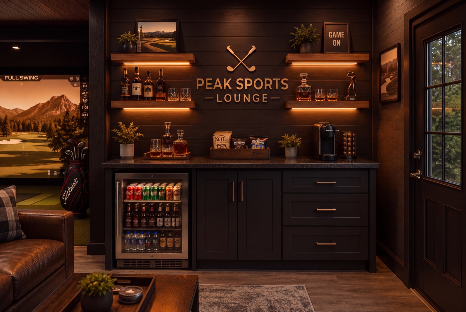 Peak Sports Lounge bar and kitchenette with a beverage fridge and warm shelf lighting