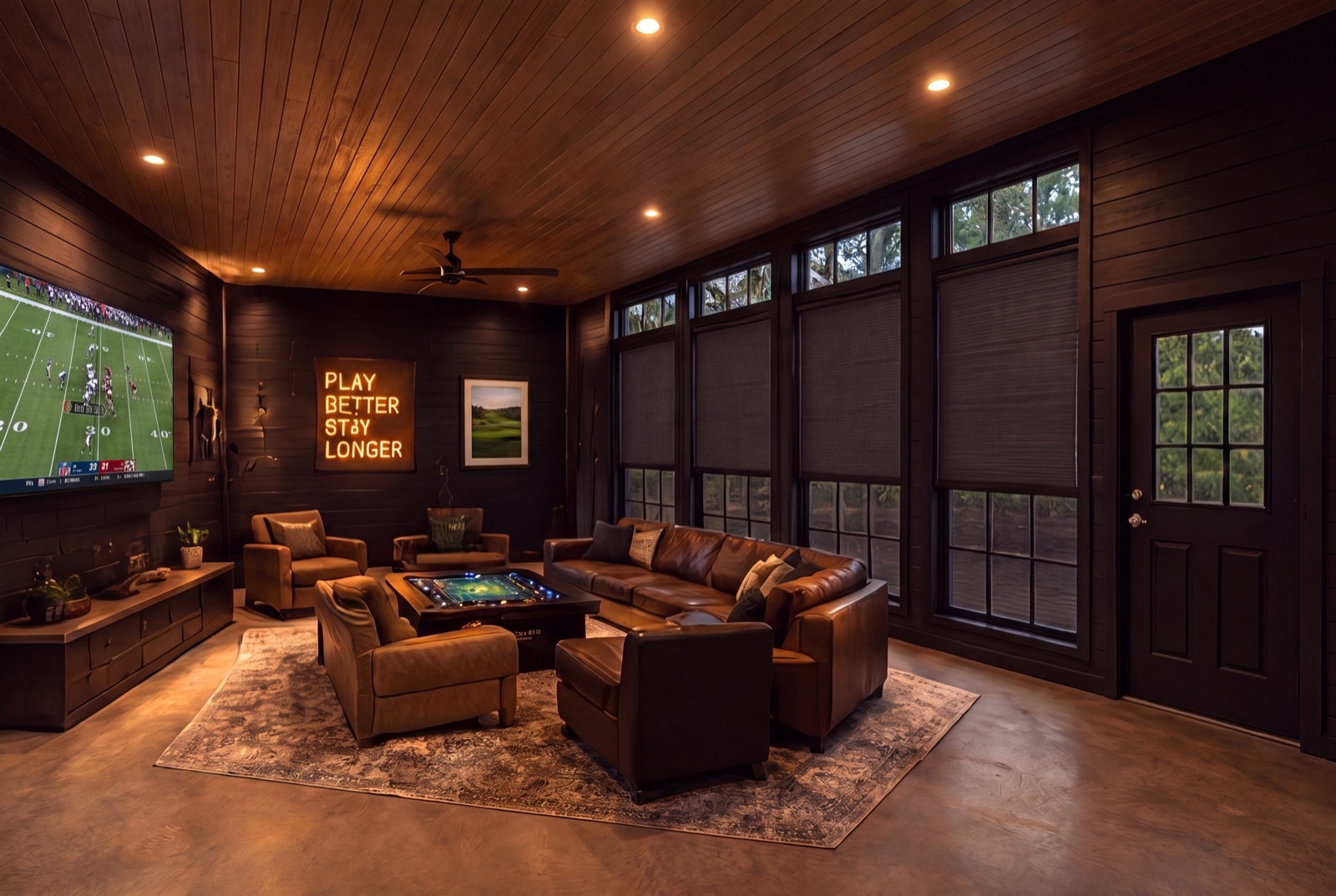 Lounge seating with a game table, leather chairs and a big screen showing a live game