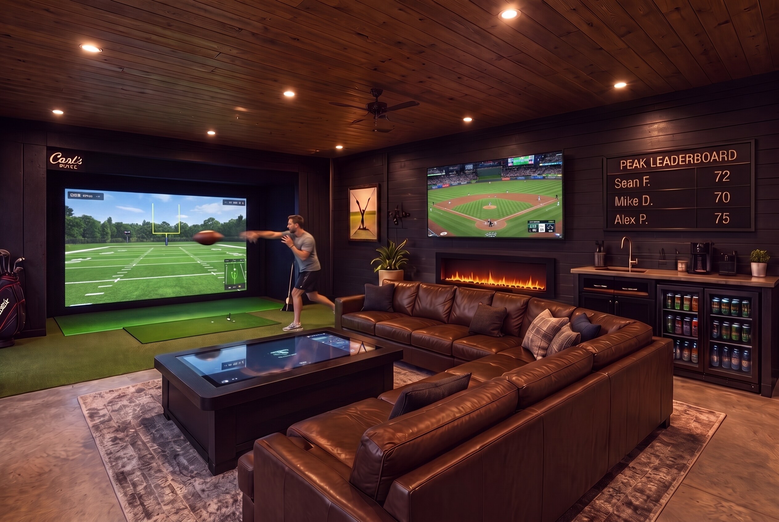 A guest throwing a real football into the simulator screen showing a quarterback passing view down the field