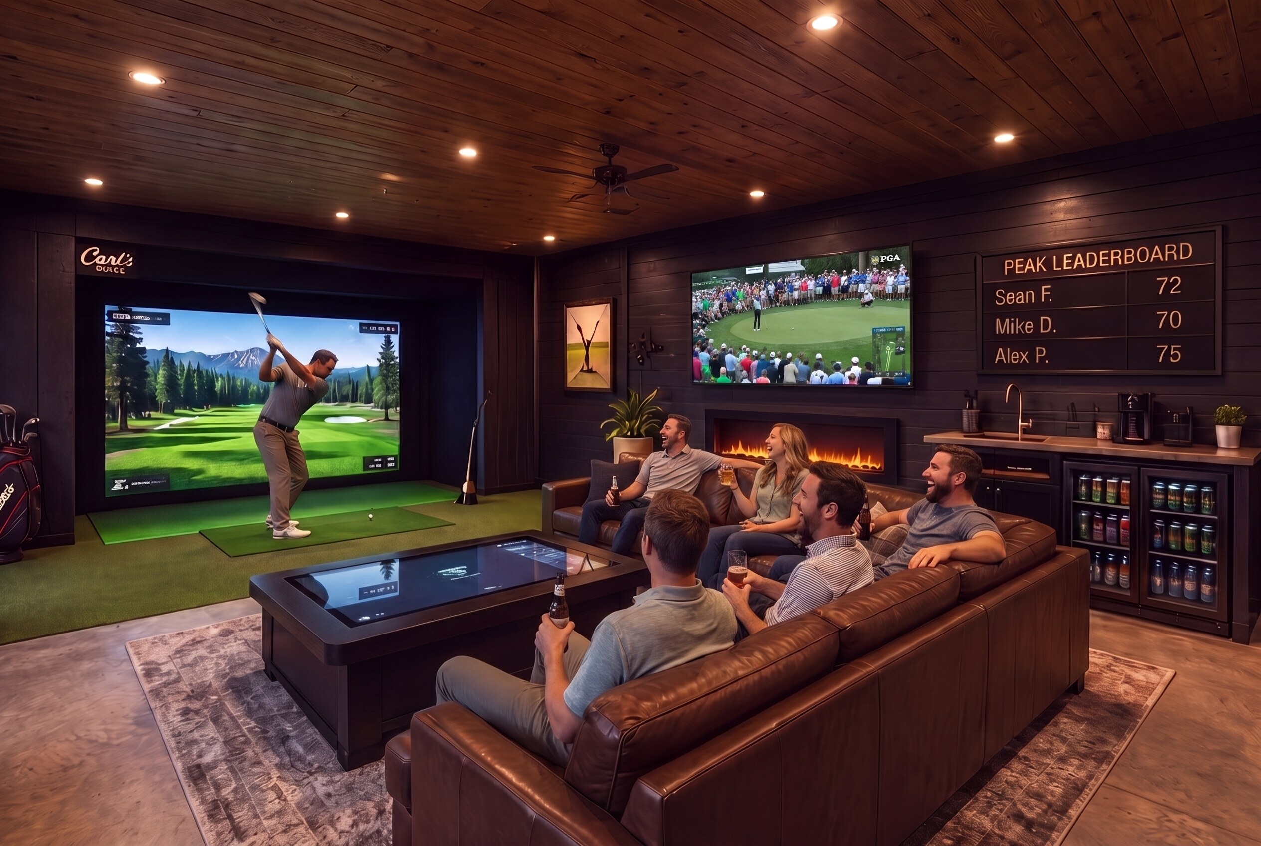 Friends gathered in the Peak Sports Lounge at Moonlight Peak, one mid golf swing on the simulator while the group cheers from the leather sectional