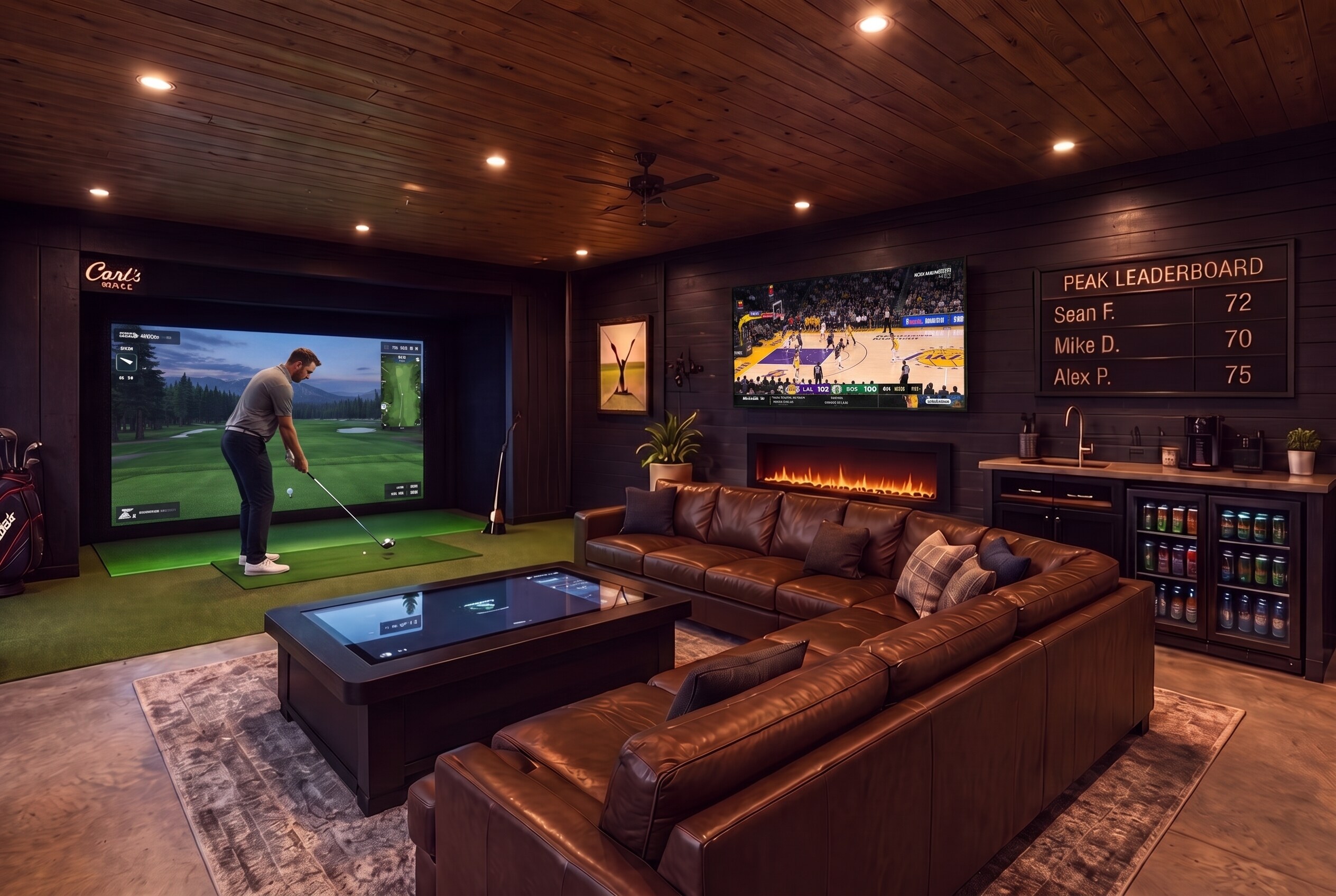 A guest at the top of his golf swing on the simulator, a real mountain fairway on the impact screen with a distance and club readout