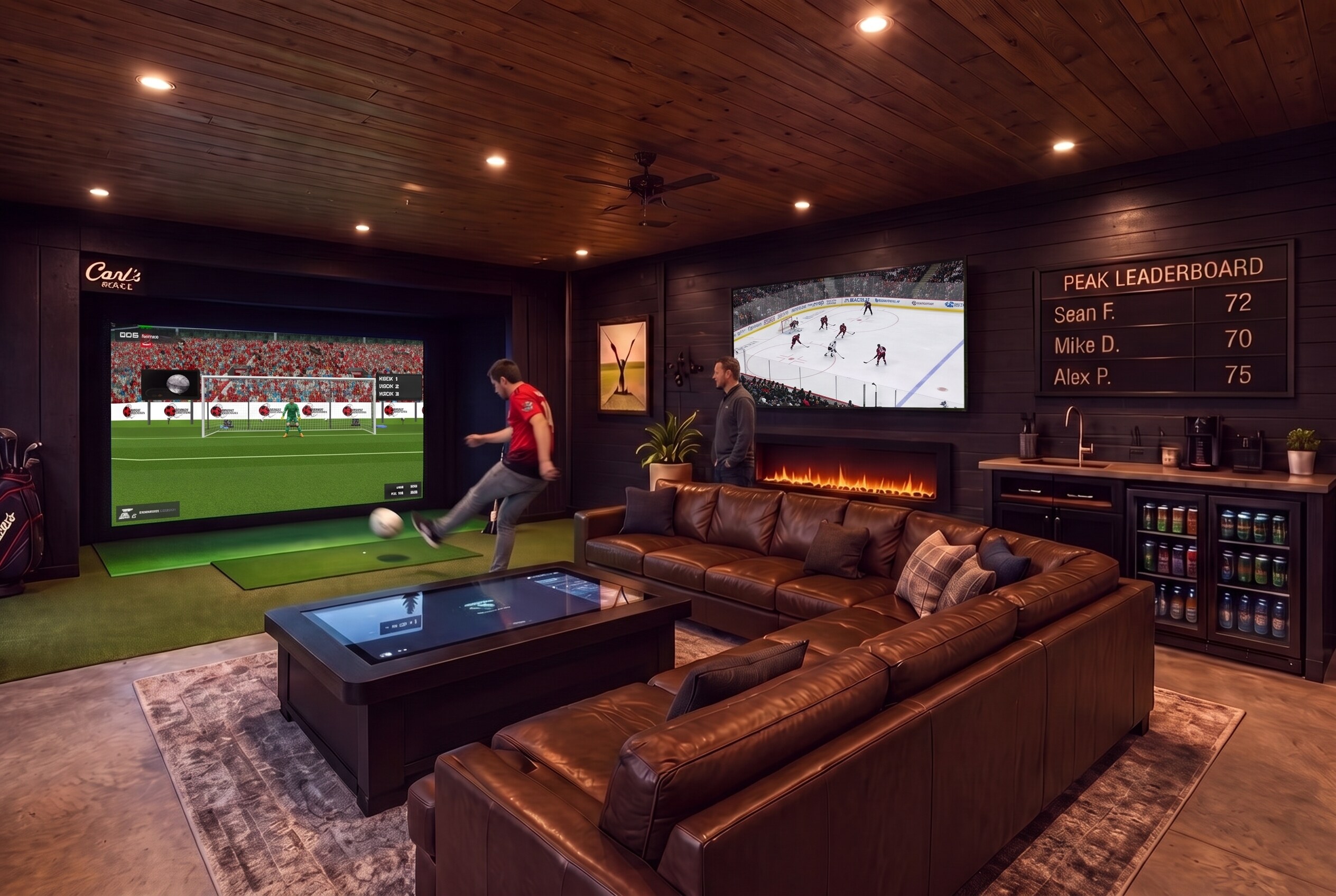A guest kicking a real soccer ball into the impact screen showing a stadium goal and keeper for a penalty shootout